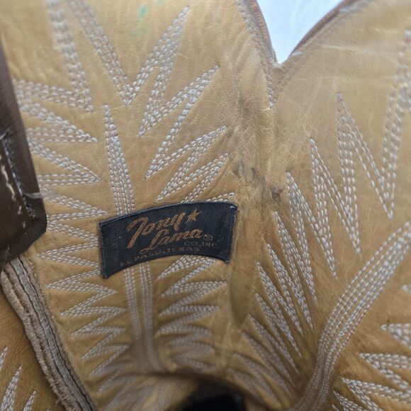 Tony Lama Embroidered Leather Cowboy Boots Brown Women 7 Mid Calf Pointed Toe - Picture 8 of 12